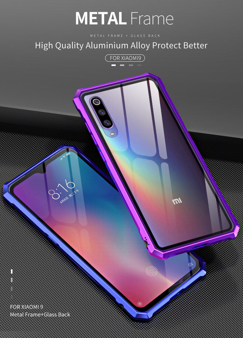 Carcasă cu ramă metalică și sticlă durificată, pentru Xiaomi Mi 9 - albastru