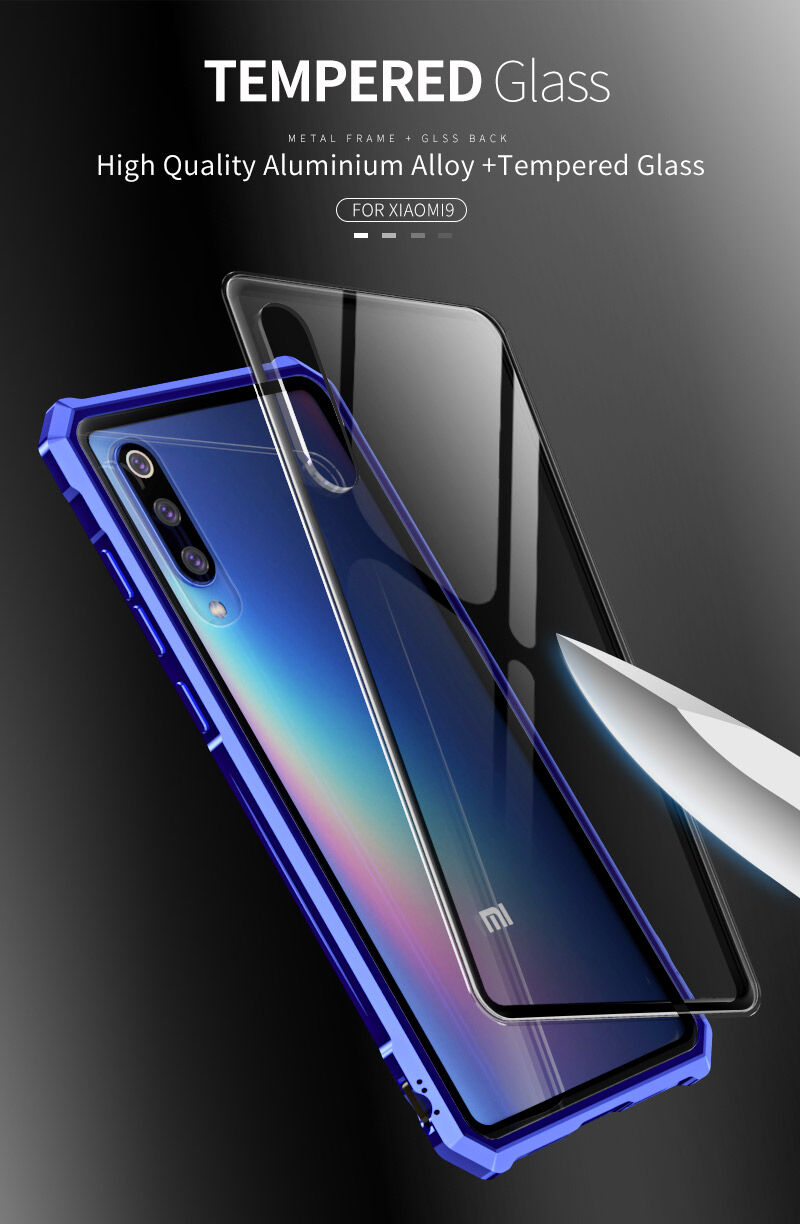 Carcasă cu ramă metalică și sticlă durificată, pentru Xiaomi Mi 9 - albastru