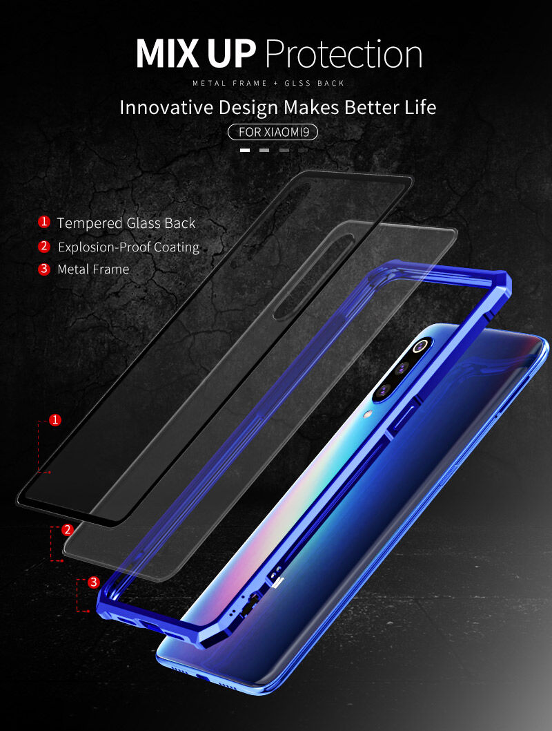 Carcasă cu ramă metalică și sticlă durificată, pentru Xiaomi Mi 9 - albastru