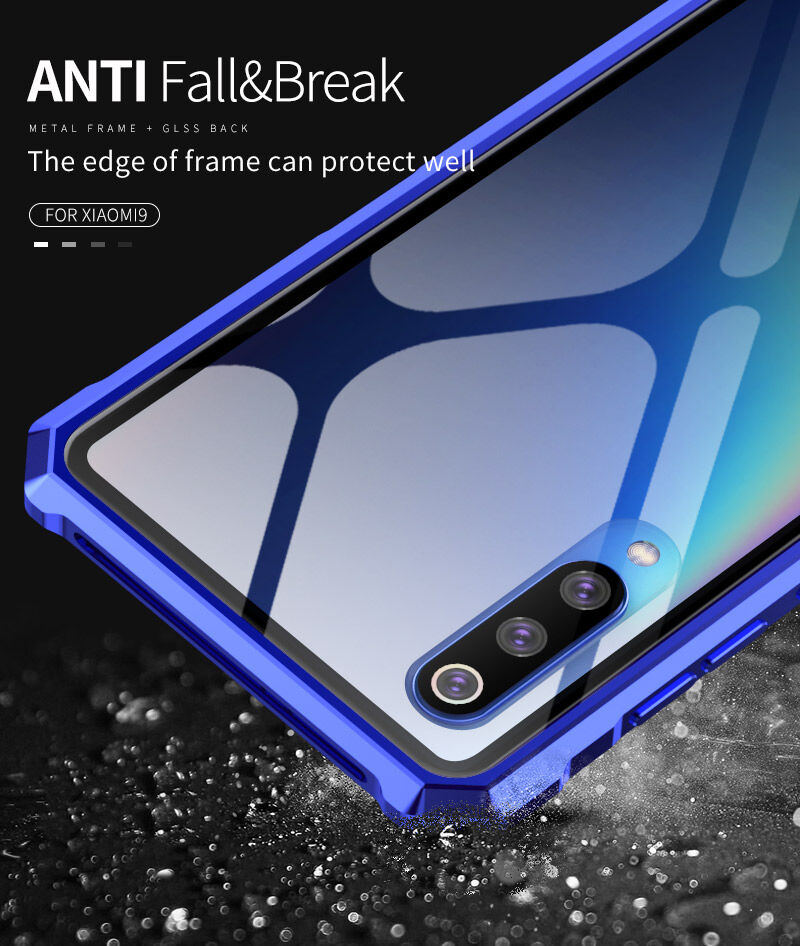Carcasă cu ramă metalică și sticlă durificată, pentru Xiaomi Mi 9 - albastru