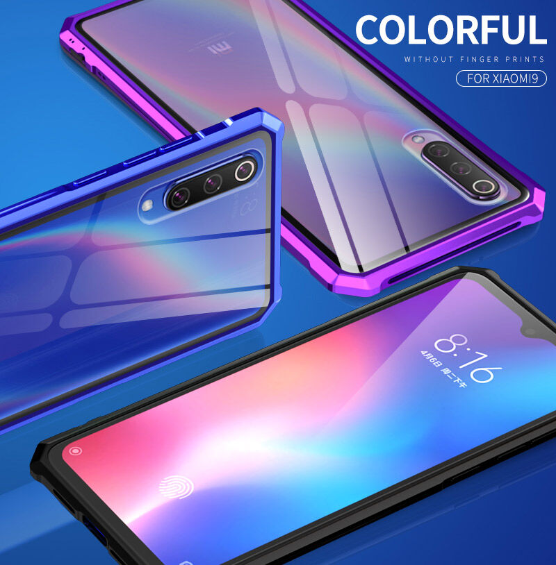 Carcasă cu ramă metalică și sticlă durificată, pentru Xiaomi Mi 9 - albastru