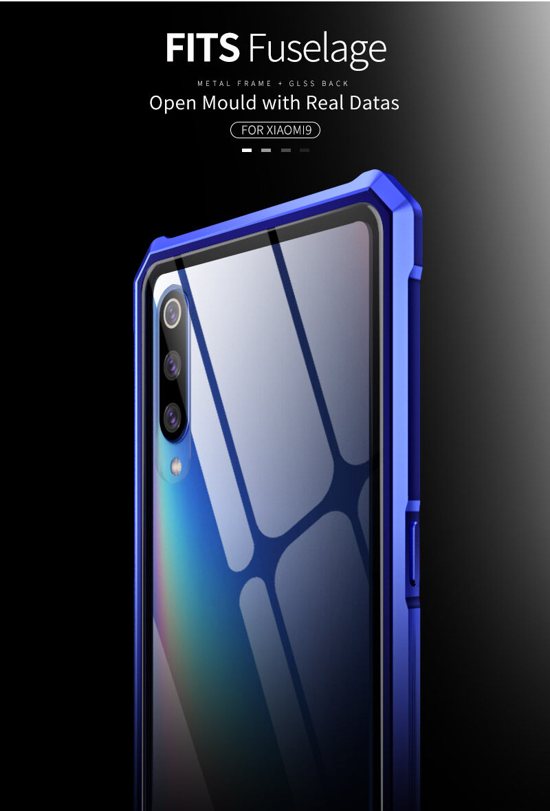 Carcasă cu ramă metalică și sticlă durificată, pentru Xiaomi Mi 9 - albastru