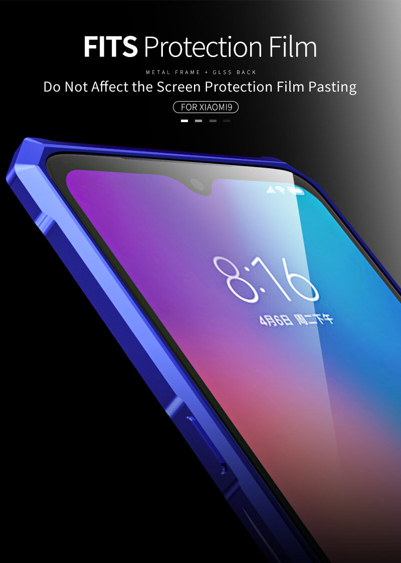 Carcasă cu ramă metalică și sticlă durificată, pentru Xiaomi Mi 9 - albastru