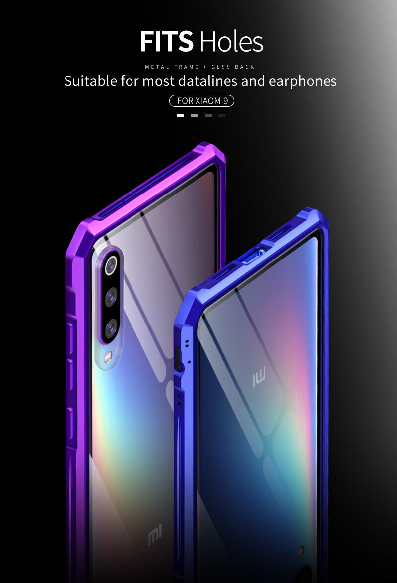 Carcasă cu ramă metalică și sticlă durificată, pentru Xiaomi Mi 9 - albastru