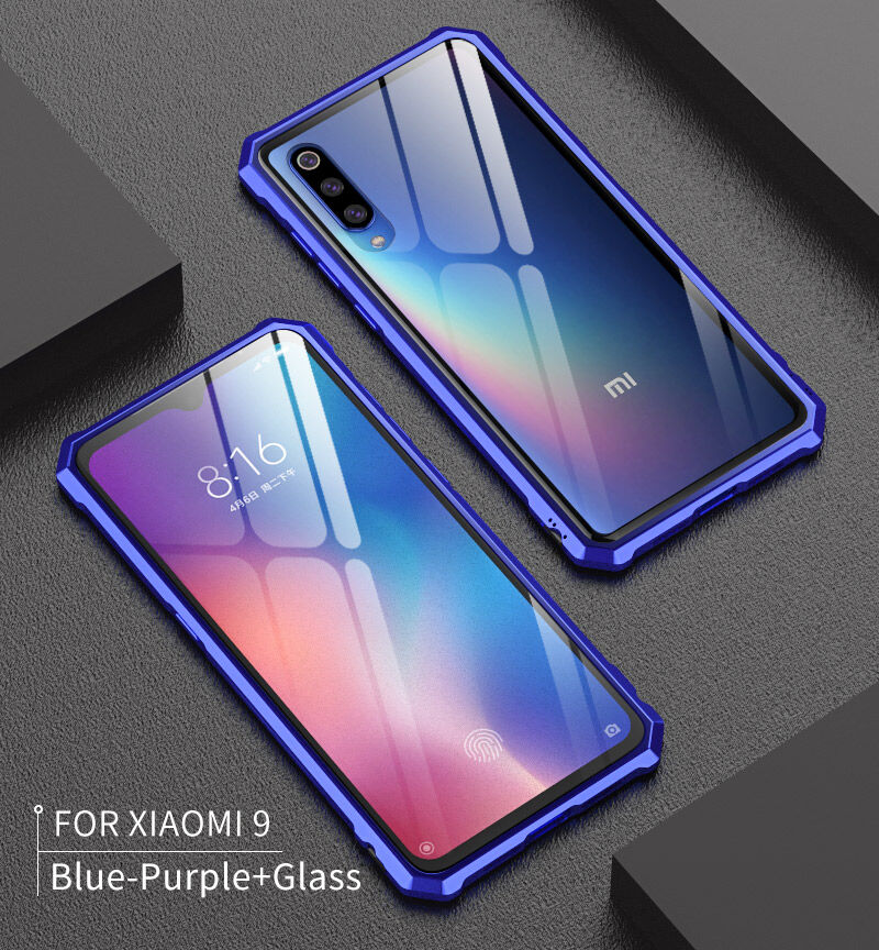 Carcasă cu ramă metalică și sticlă durificată, pentru Xiaomi Mi 9 - albastru