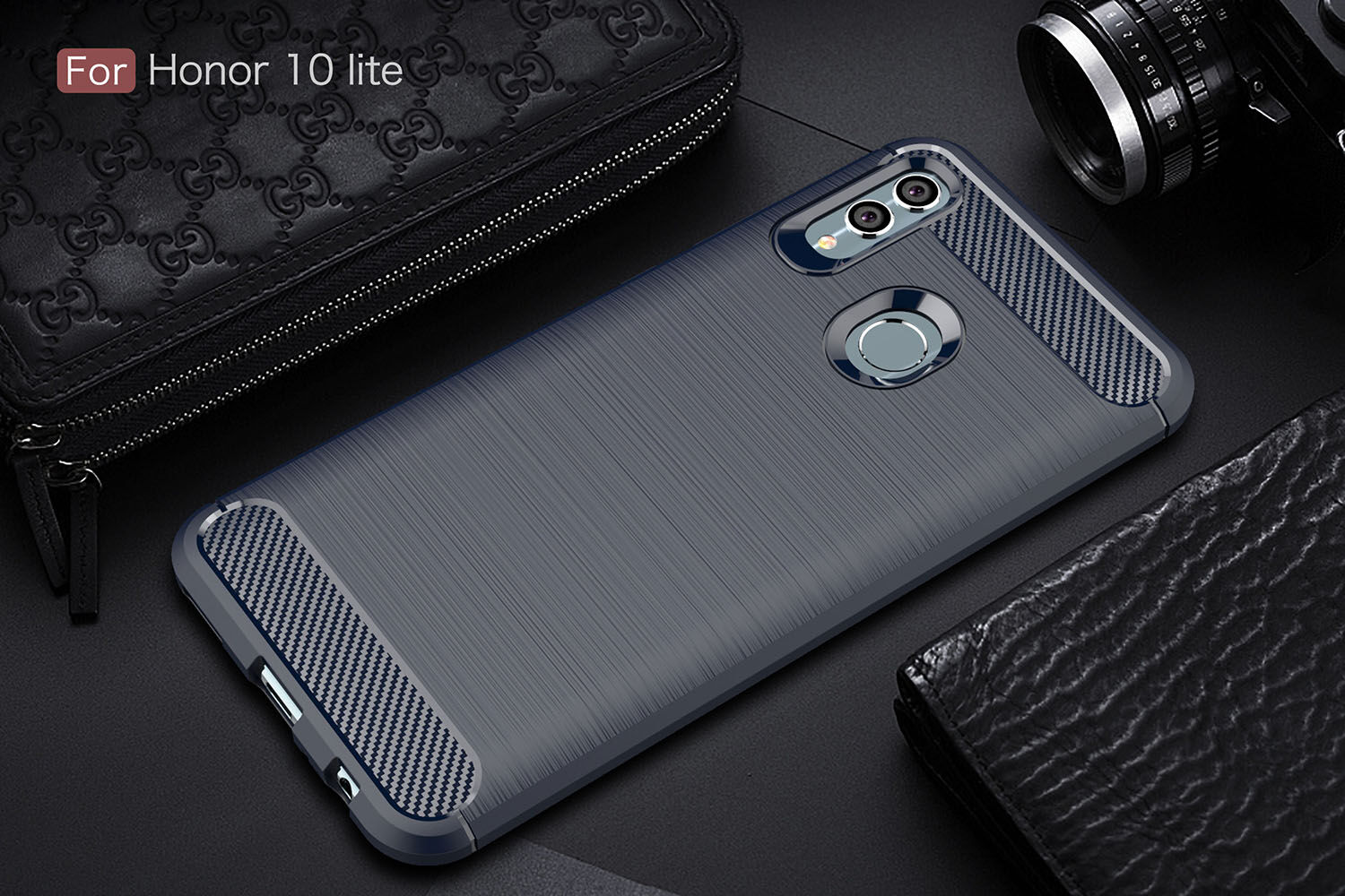 Carcasă cu textură de carbon șlefuit, pentru Huawei P Smart (2019) / Honor 10 Lite - albastru închis
