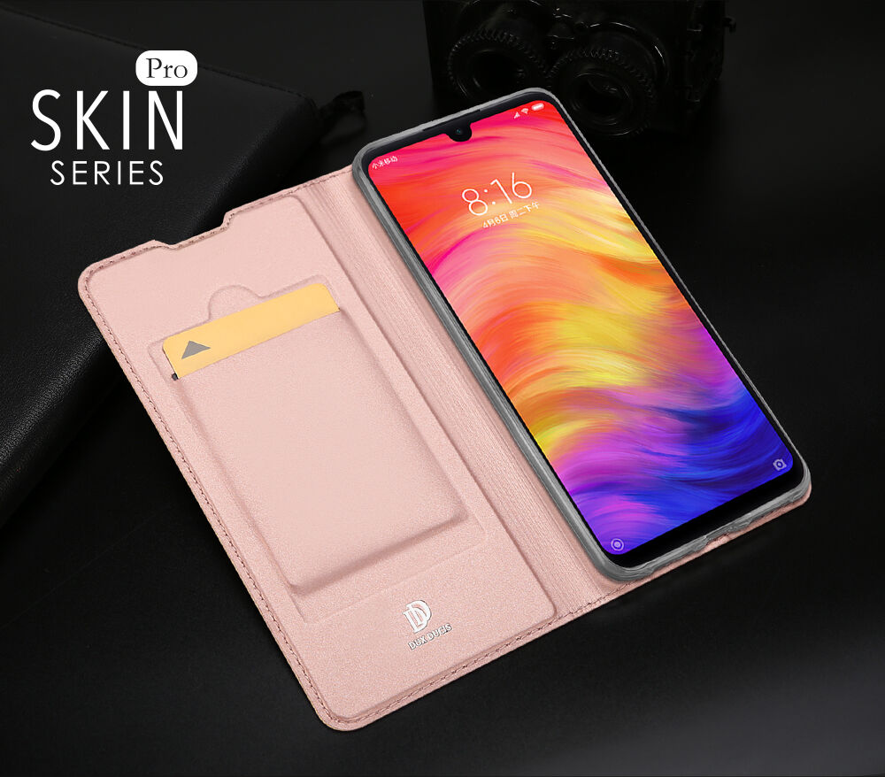Husă din piele Dux Ducis, cu buzunar de carduri, pentru Xiaomi Redmi Note 7 - roz-auriu