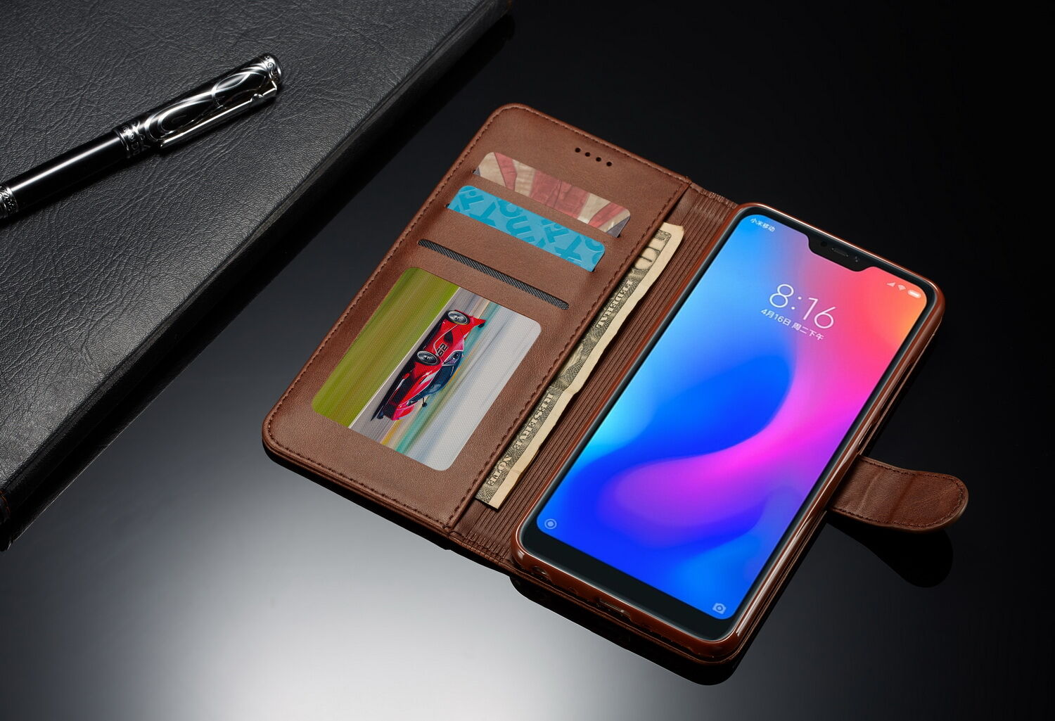 Husă flip LC.imeeke, din piele, pentru Xiaomi Redmi Note 6 Pro - cafeniu