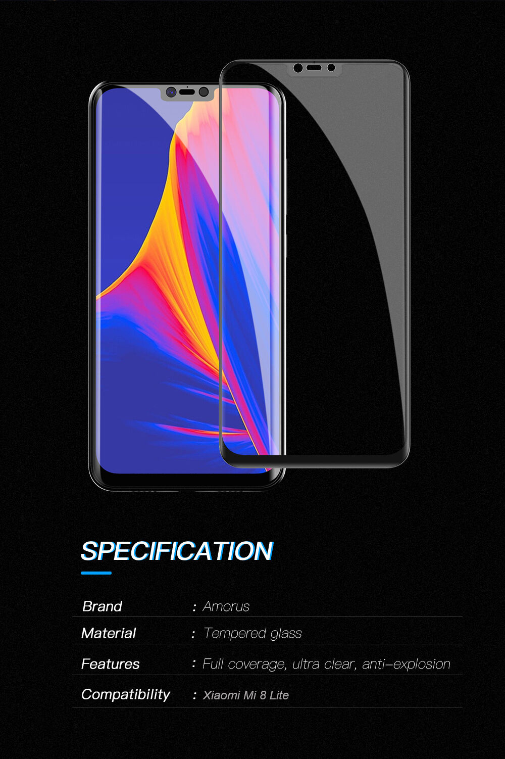 Sticlă durificată 3D Amorus pentru Xiaomi Mi 8 Lite - negru
