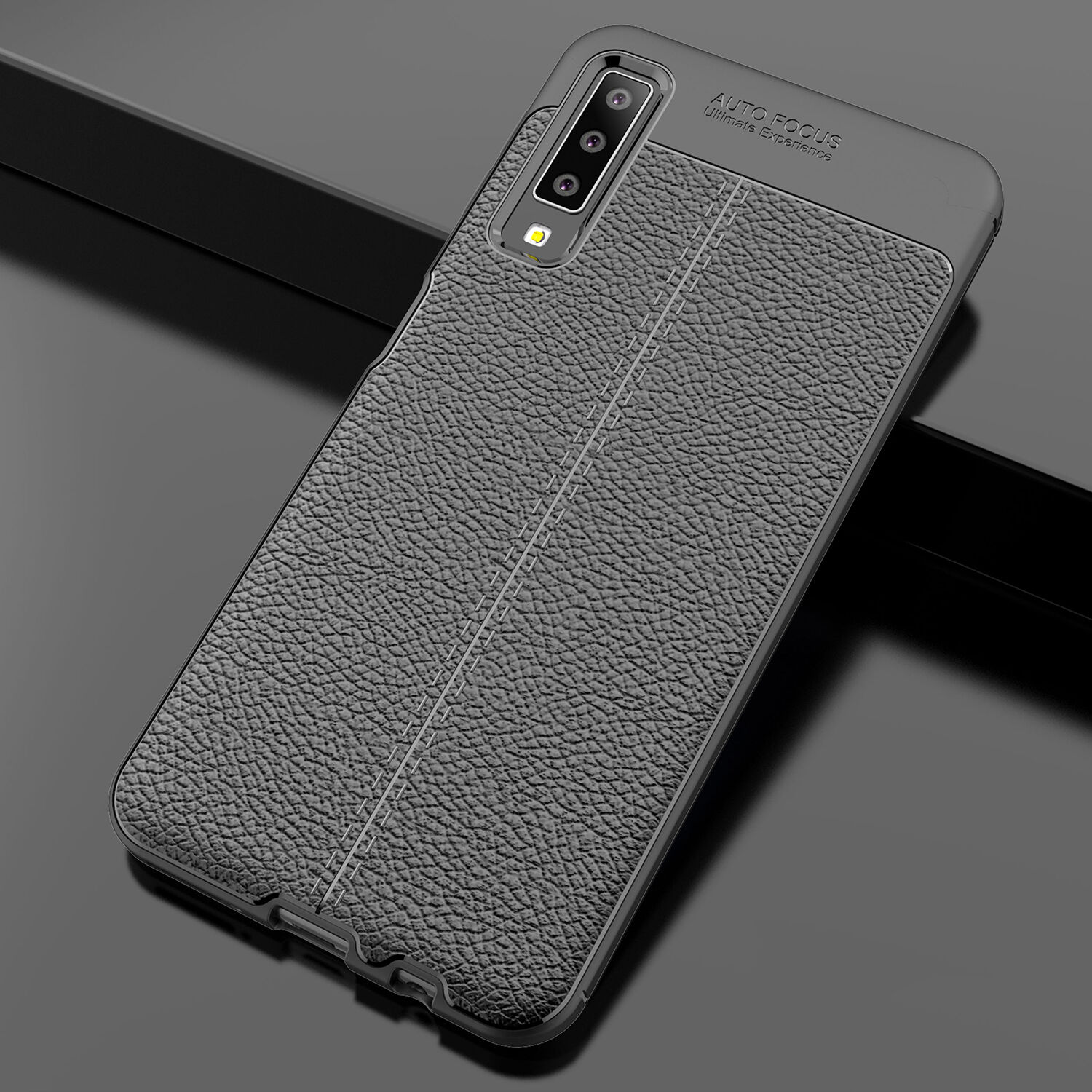 Husă Litchi, din piele, pentru Samsung Galaxy A7 (2018) - negru