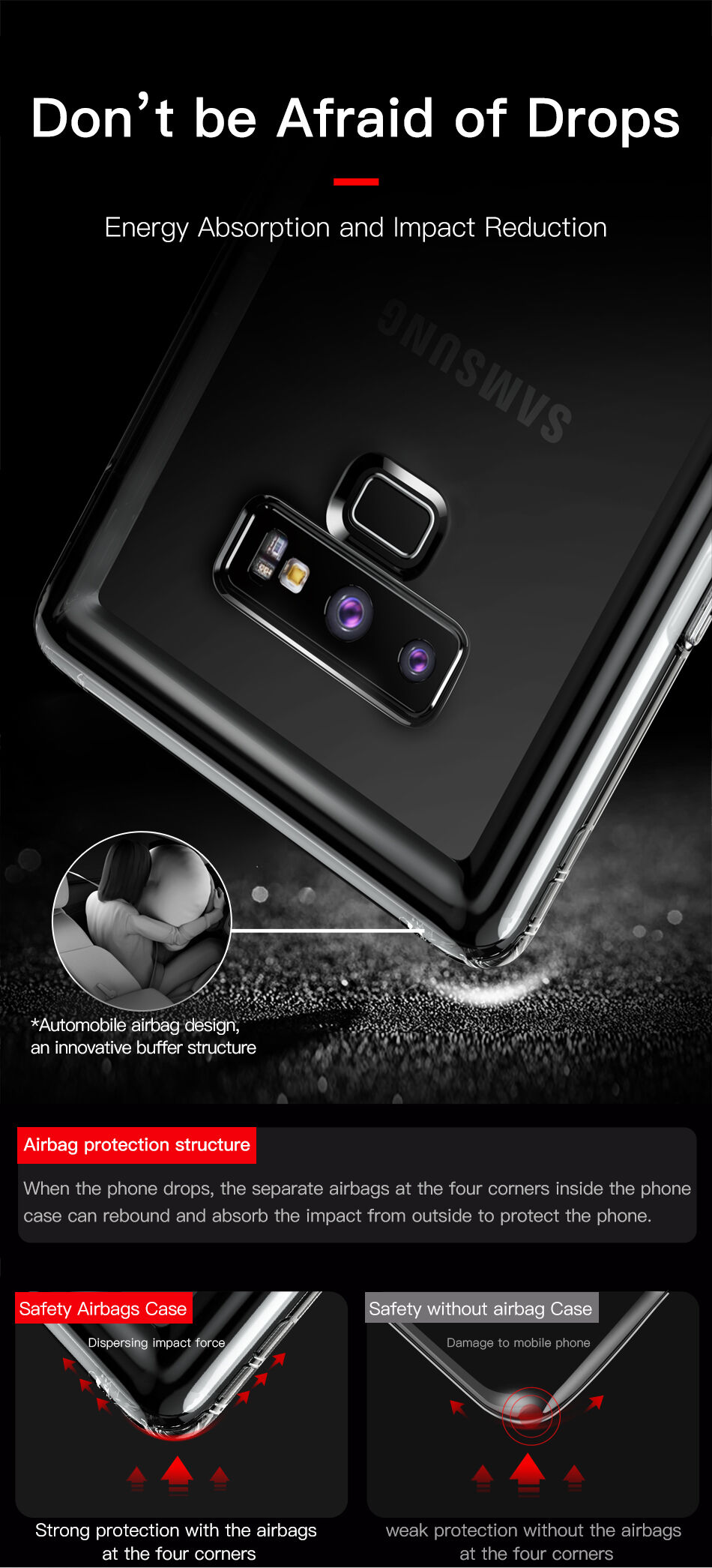 Carcasă Baseus Safety, din plastic negru, pentru Samsung Galaxy Note 9 - transparent