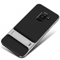Carcasă Elegance, din plastic, cu stativ pentru Samsung Galaxy A6 Plus (2018) - argintiu
